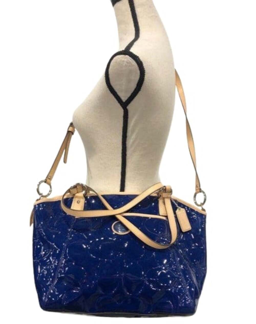 Coach Ashley Signature Embossed Patent Leather Tote Bag Blue